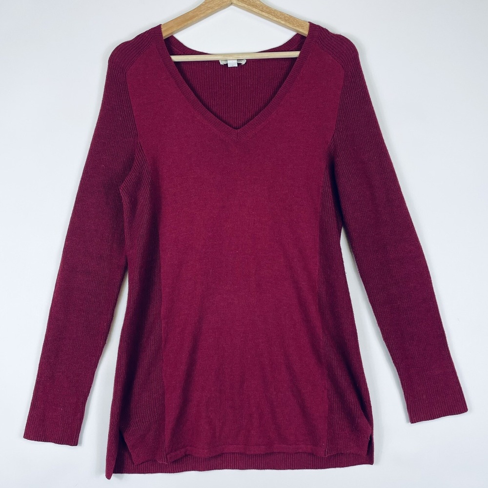 J. Jill V-Neck Sweater Women Small Burgundy Knit Pullover Cozy Minimal Coastal
